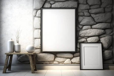Stone wall with photo frame. Couch wooden table. Parquetの素材