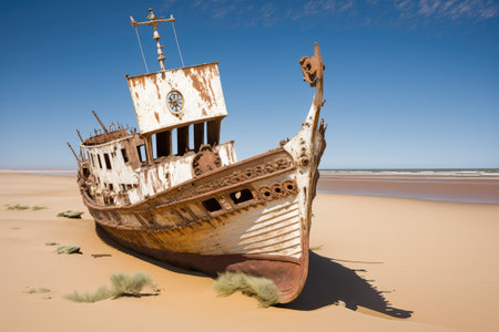Skeleton Coast in Namibia with the remains of an old wooden fishing boatの素材