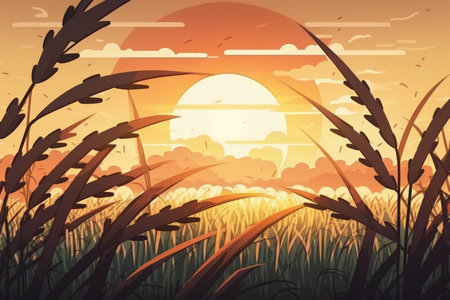Ripe rice field and sky background at sunset time with sun raysの素材