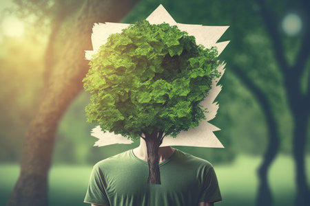 World Environment Day. Male holding paper tree on bokeh green background of tree natureの素材