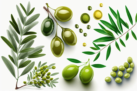 Photos of green olives and olive oil on a white backgroundの素材