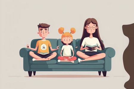 While the parents sit in lotus position and meditate adorable and animated siblings play on the sofaの素材