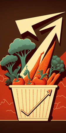 notion of growing food prices. Illustration of a grocery basket with a red arrow pointing upの素材