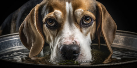 Close up of a beagle dog consuming clean water from a steel bowlの素材