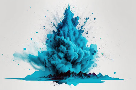 eruption of blue powder against a white backgroundの素材