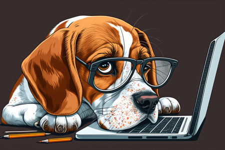 A dozing beagle dog with absurd spectacles is near a laptopの素材