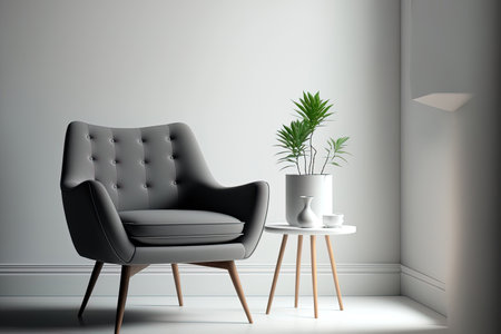 A gray armchair in a contemporary minimalist setting against a background of a blank white wallの素材