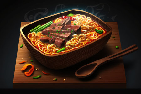 Asian noodles in broth with slow cooked Beef in wooden tray on dark backgroundの素材