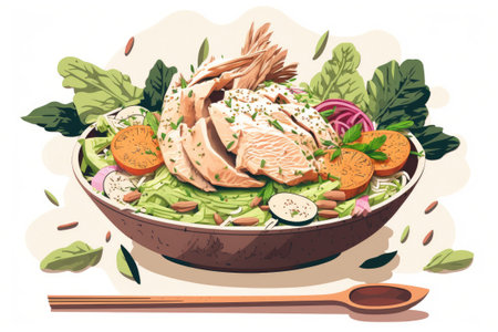 Chicken carrots and cabbage in a wholesome homemade Asian salad tossed with sesame dressingの素材