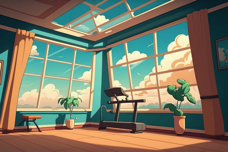 Empty fitness center room high up in the sky with wide windows. Cozy place for home workout and yogaの素材