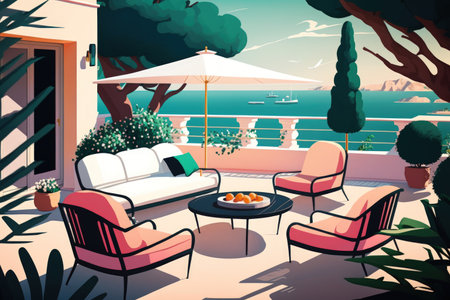 A summer terrace with chic contemporary outdoor furniture at a posh vacation spotの素材