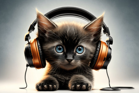 Kitten with headphones is adorable. A young cat wears headphones and listens to musicの素材