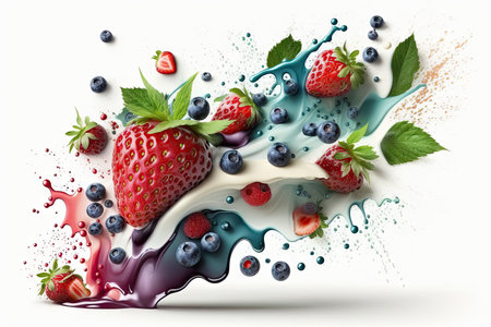 Forest berries with milk splash isolated with clipping path on white backgroundの素材