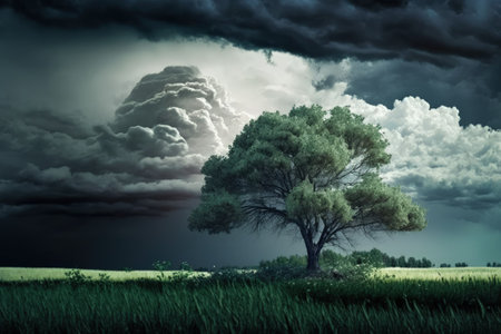 Clouds over a landscape of trees and grass threatening to rain down. Summer. Internet adの素材