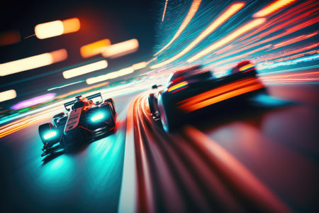 International racetrack at night with lights and starting finishing line blurred in fast motionの素材
