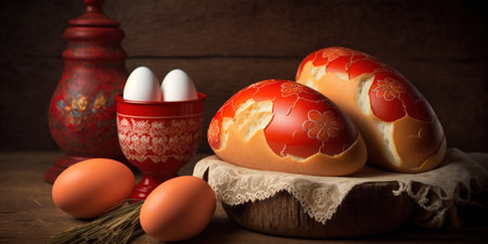 Red eggs with delicious bread for Easterの素材