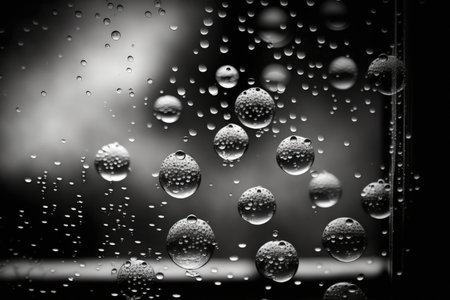 Photograph in black and white of raindrops on glass. superior photographの素材