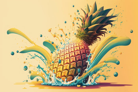 Fresh pineapple soaring with sprays of water over a background of yellow gradientの素材