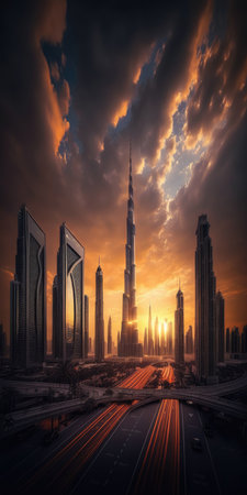 Dubai Downtown skyline with a dramatic sky at sunsetの素材