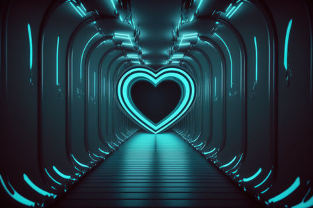 flying through a heart shaped neon blue tunnel. Abstract hallway with shifting light patternsの素材