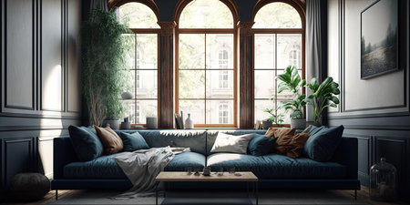 interior of living room with sofa and windowの素材