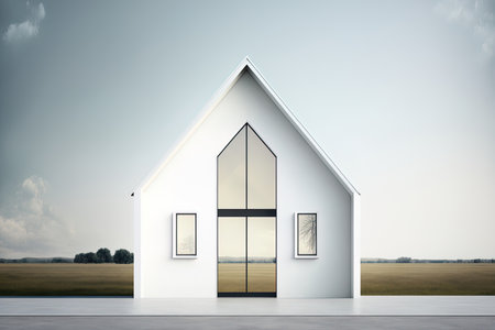 a white home with a minimalist appearance. Gable roof a wooden door a glass window and a clear skyの素材