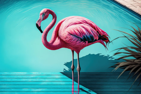 An inflated pink flamingo lounges on a pool deck. Imagery of a Warm Summer Dayの素材
