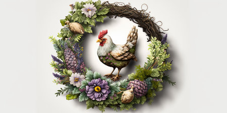 Easter decorations include a wreath a hen and a faucet. image with a white backgroundの素材
