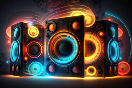 Neon lights and high fidelity stereo loudspeakers. Information technologyの素材