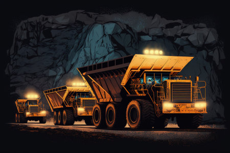 Mining dump trucks operating in a coal mine used to generate electricity in the countryの素材