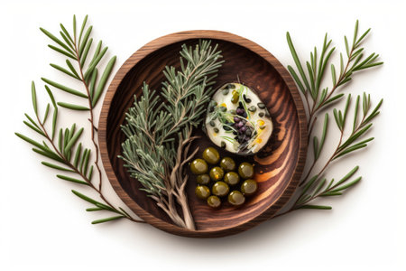 Top view of olives oil and rosemary leaves in a wooden dishの素材