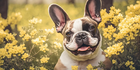 Easter French Bulldog dog smiling with bunny ears between springtime flowersの素材