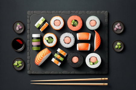 Set of sushi and maki on stone table. Top view with copy spaceの素材