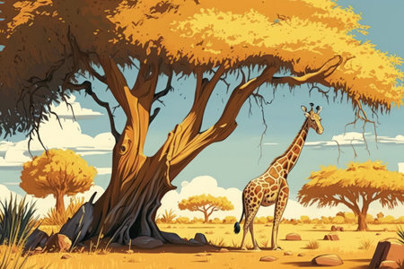 On a hot day in the savannah a tree can be seen in the backdrop as it follows a giraffeの素材