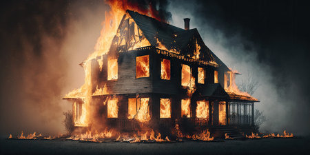 Photo of Huge Flame Distracting House on Fire. Fire Safety Conceptの素材