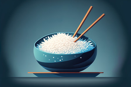 image of rice in a bowl with chopsticks on a blue backdrop. nice restaurant cuisine in cartoon formの素材