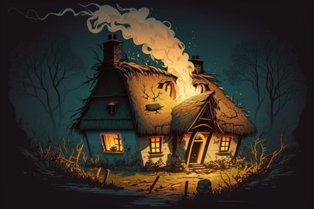 Violent fire in Old House with thatched roofの素材