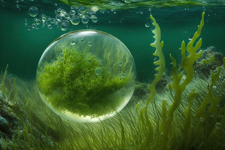 air bubbles in the water and the green alga Ulva lactuca also known as sea lettuceの素材