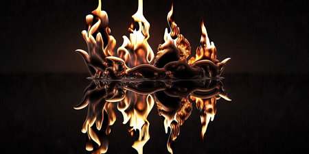 Fire flames with reflection on black backgroundの素材