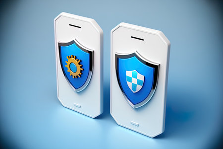 icons of two white mobile phones with a blue background and an antivirus icon in the middleの素材