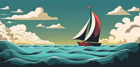 The boat is sailing swiftly across the water in the direction of the horizonの素材