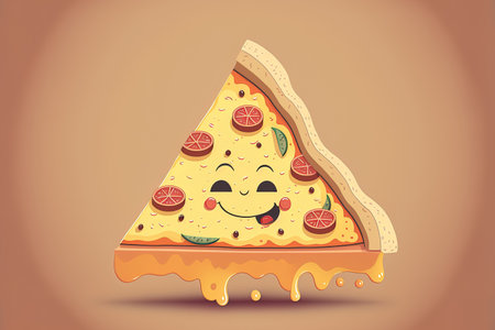 Cute cartoon artwork of a smiling pizza slice that represents food as an item in isolationの素材