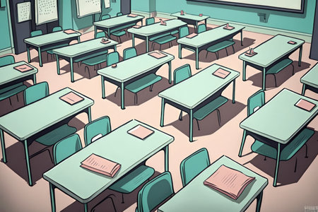 Exam tables and chairs set up in a UK schoolの素材