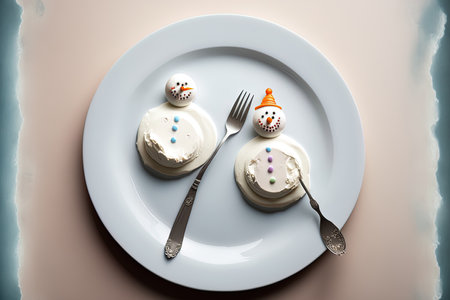 On white plates a close up of an ice cream background with two edible snowmen. top perspectiveの素材