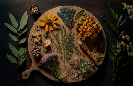 Arrangement of medicinal herbs on a wooden board. medicinal plants. flat lay top viewの素材