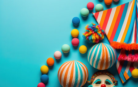 Party supplies in various colors for a carnival or birthday party with copy space on a blue backdropの素材