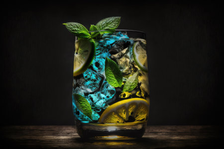 Image of a mojito against a black background. One made of woodの素材