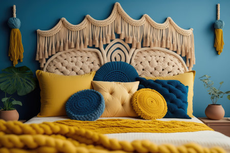Bohemian-themed braided rope headboard. Warm yellow bedroomの素材