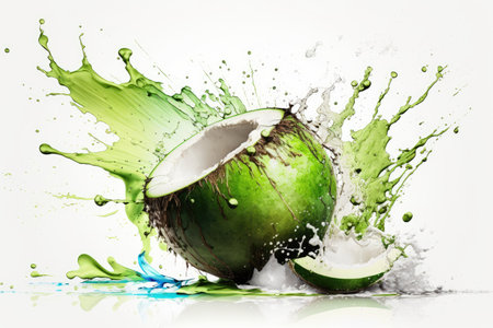 Young green coconut with splashes of coco nut water on a white backdropの素材