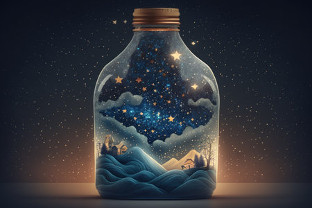 Isolated bottle filled with night sky and milky way stars surrealism bottleの素材